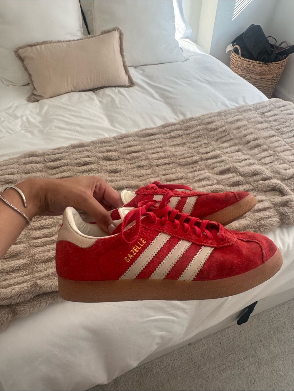 adidas Gazelle Women’s Red Suede Sneakers with White Stripes